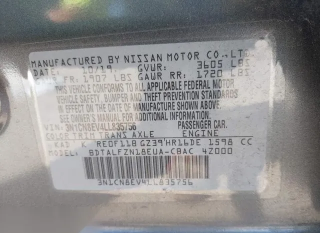 3N1CN8EV4LL835756 2020 2020 Nissan Versa- Sv Xtronic Cvt 9