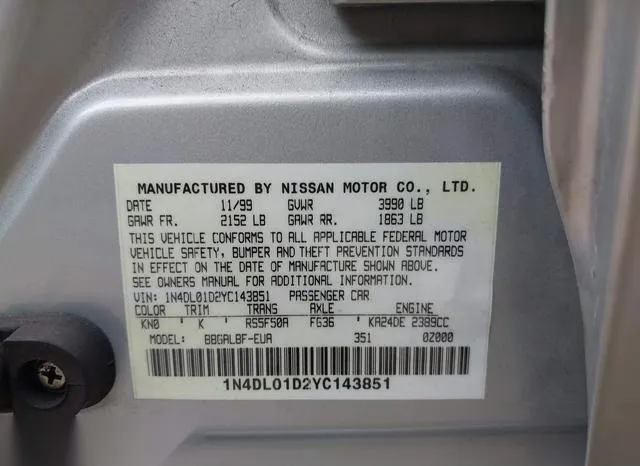 1N4DL01D2YC143851 2000 2000 Nissan Altima- Gle/Gxe/Se/Xe 9