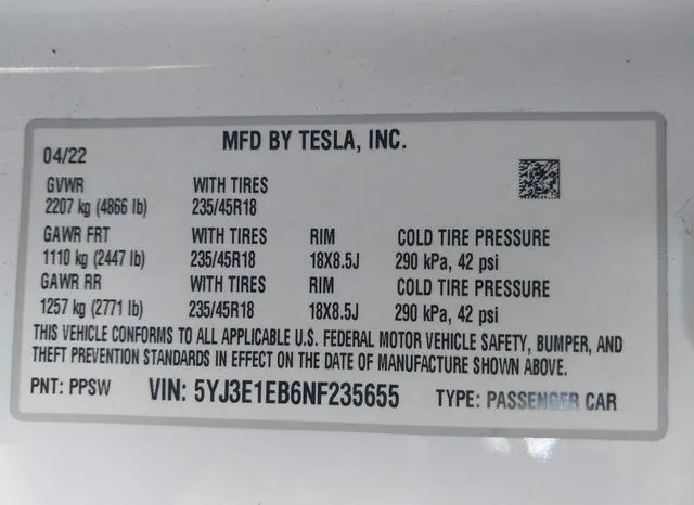 5YJ3E1EB6NF235655 2022 2022 Tesla Model 3- Long Range Dual M 9