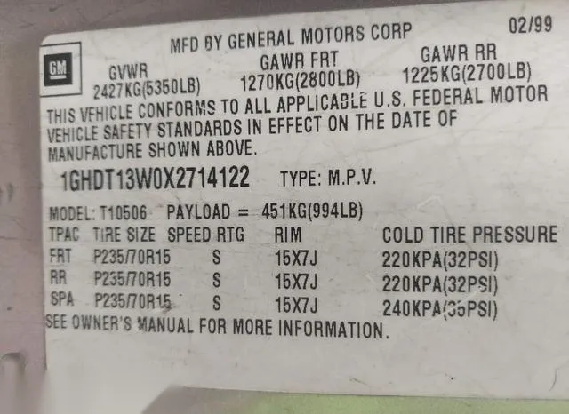 1GHDT13W0X2714122 1999 1999 Oldsmobile Bravada 9