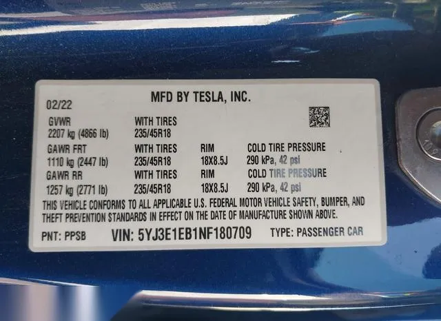 5YJ3E1EB1NF180709 2022 2022 Tesla Model 3- Long Range Dual M 9