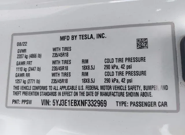 5YJ3E1EBXNF332969 2022 2022 Tesla Model 3- Long Range Dual M 9