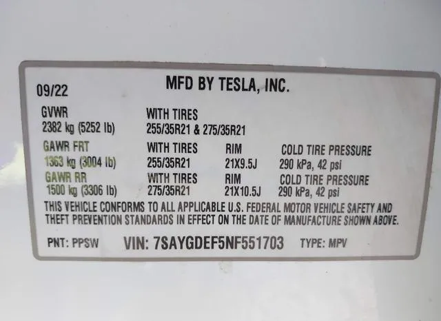 7SAYGDEF5NF551703 2022 2022 Tesla Model Y- Performance Dual  9