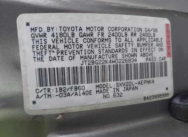 JT2BG22K4W0226834 1998 1998 Toyota Camry- LE 9