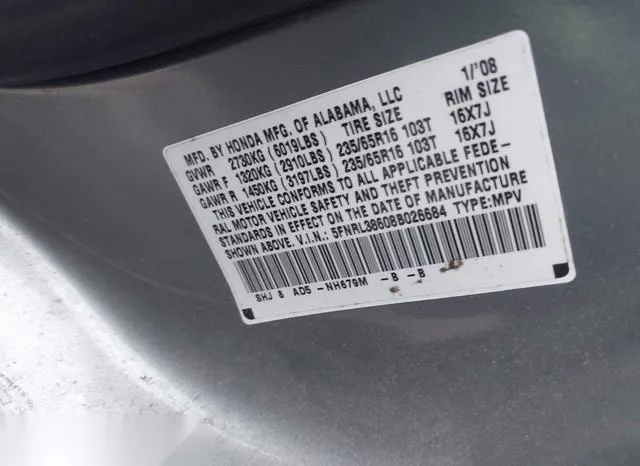 5FNRL38608B026684 2008 2008 Honda Odyssey- Ex-L 9