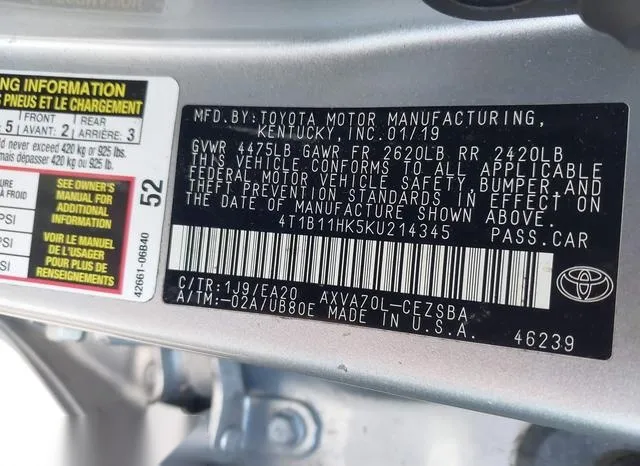 4T1B11HK5KU214345 2019 2019 Toyota Camry- SE 9