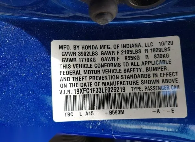 19XFC1F33LE025219 2020 2020 Honda Civic- EX 9