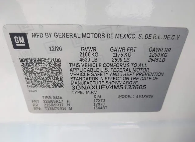 3GNAXUEV4MS133605 2021 2021 Chevrolet Equinox- Awd Lt 9