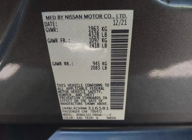 1N4BL4CV4NN316581 2022 2022 Nissan Altima- Sr Fwd 9