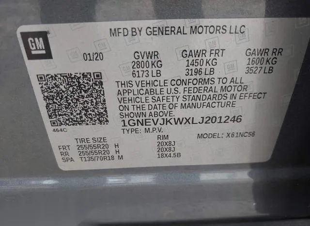 1GNEVJKWXLJ201246 2020 2020 Chevrolet Traverse- Awd Rs 9