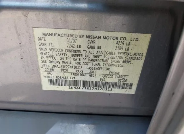 1N4AL21E27N420315 2007 2007 Nissan Altima- 2-5 S 9