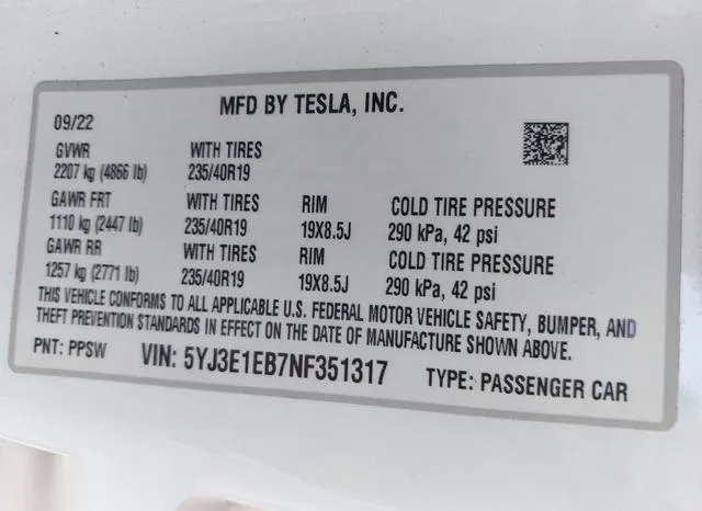 5YJ3E1EB7NF351317 2022 2022 Tesla Model 3- Long Range Dual M 9