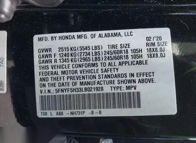 5FNYF5H33LB021928 2020 2020 Honda Pilot- 2Wd Ex 9