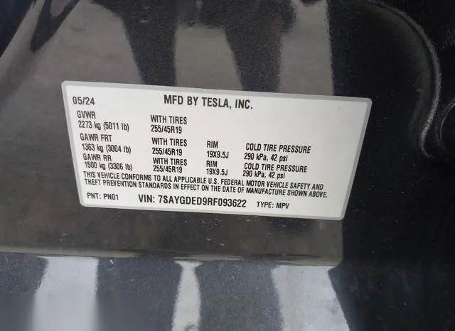 7SAYGDED9RF093622 2024 2024 Tesla Model Y- Long Range/Rwd 9