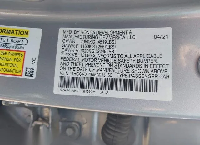 1HGCV3F16MA013160 2021 2021 Honda Accord- Hybrid 9