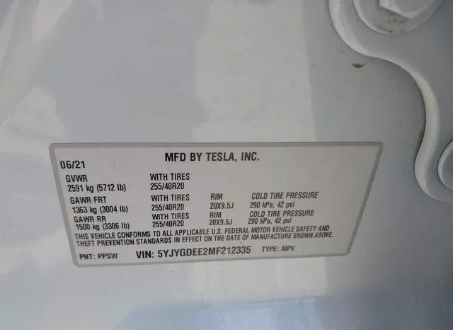 5YJYGDEE2MF212335 2021 2021 Tesla Model Y- Long Range Dual 9