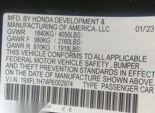 19XFL1H74PE002974 2023 2023 Honda Civic- Ex-L /Ex-L W/O Bsi 9