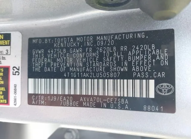 4T1G11AK2LU505807 2020 2020 Toyota Camry- SE 9