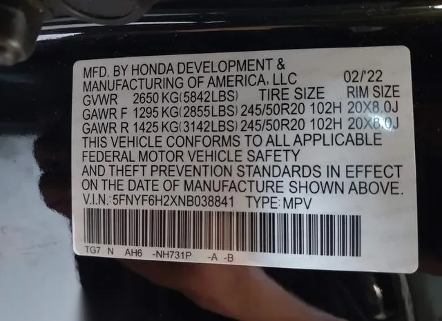 5FNYF6H2XNB038841 2022 2022 Honda Pilot- Awd Special Edition 9