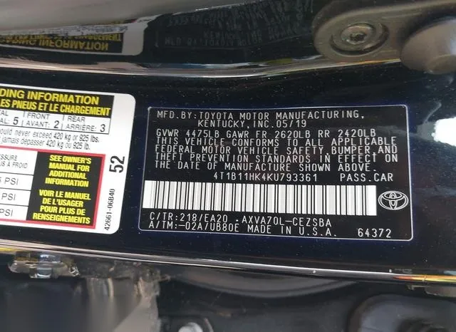 4T1B11HK4KU793361 2019 2019 Toyota Camry- SE 9