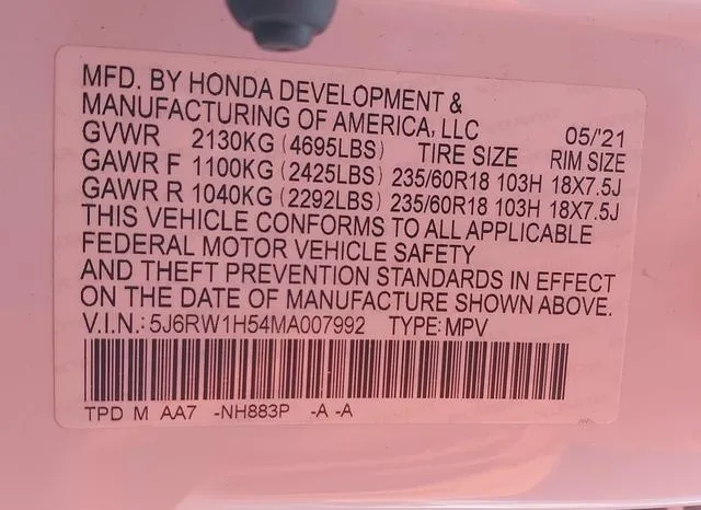 5J6RW1H54MA007992 2021 2021 Honda CR-V- 2Wd Ex 9