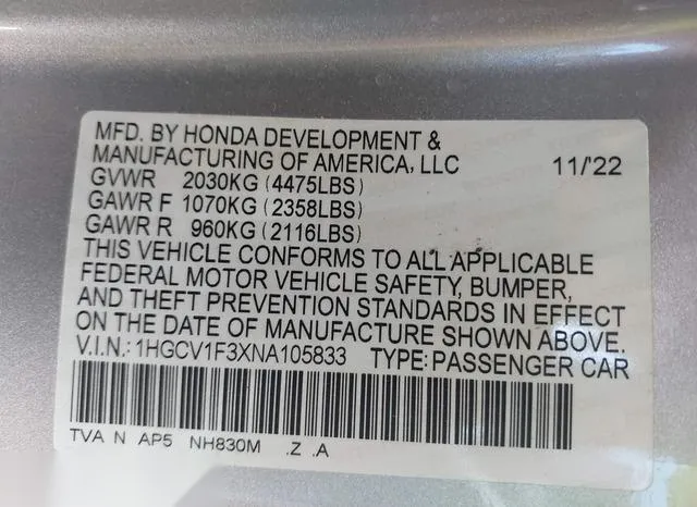 1HGCV1F3XNA105833 2022 2022 Honda Accord- Sport 9