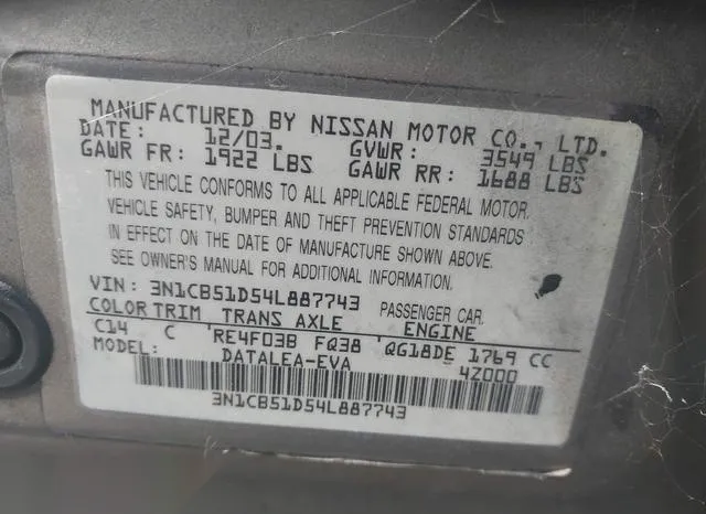 3N1CB51D54L887743 2004 2004 Nissan Sentra- 1-8S 9