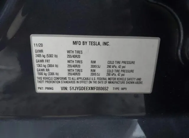 5YJYGDEEXMF080652 2021 2021 Tesla Model Y- Long Range Dual M 9