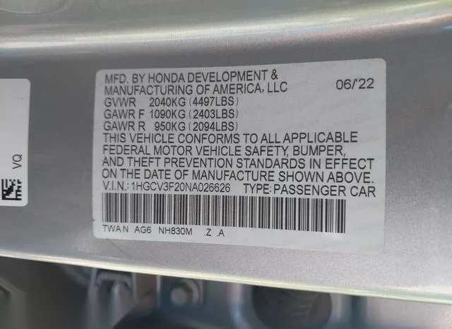 1HGCV3F20NA026626 2022 2022 Honda Accord- Hybrid Sport 9