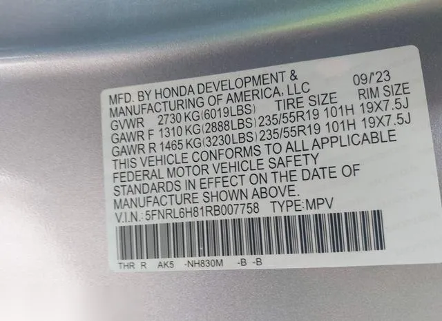 5FNRL6H81RB007758 2024 2024 Honda Odyssey- Touring 9