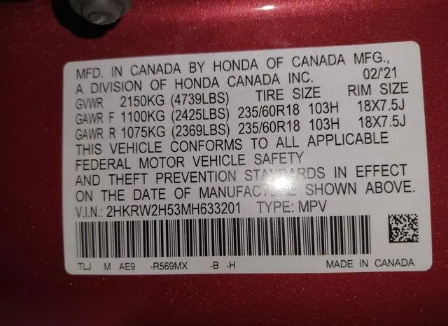 2HKRW2H53MH633201 2021 2021 Honda CR-V- Awd Ex 9