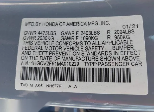 1HGCV2F91MA010229 2021 2021 Honda Accord- Touring 9