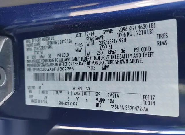 1FMCU0GX8FUB02356 2015 2015 Ford Escape- SE 9