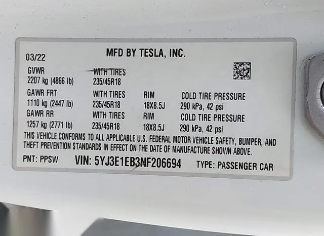 5YJ3E1EB3NF206694 2022 2022 Tesla Model 3- Long Range Dual 9