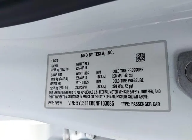 5YJ3E1EB0NF103085 2022 2022 Tesla Model 3- Long Range Dual 9