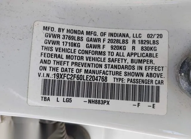 19XFC2F60LE204768 2020 2020 Honda Civic- LX 9