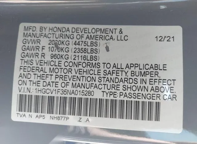 1HGCV1F35NA015280 2022 2022 Honda Accord- Sport 9