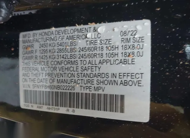 5FNYF8H60NB022226 2022 2022 Honda Passport- Awd Trailsport 9