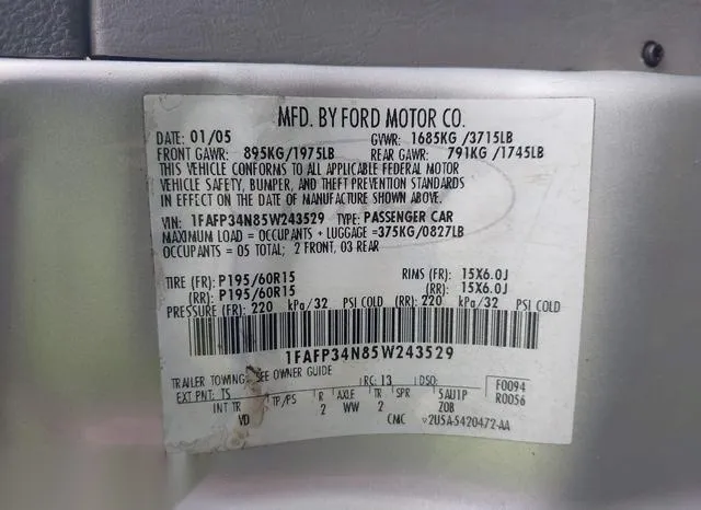 1FAFP34N85W243529 2005 2005 Ford Focus- ZX4 9