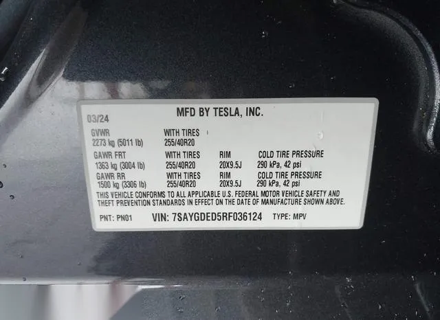 7SAYGDED5RF036124 2024 2024 Tesla Model Y- Long Range/Rwd 9