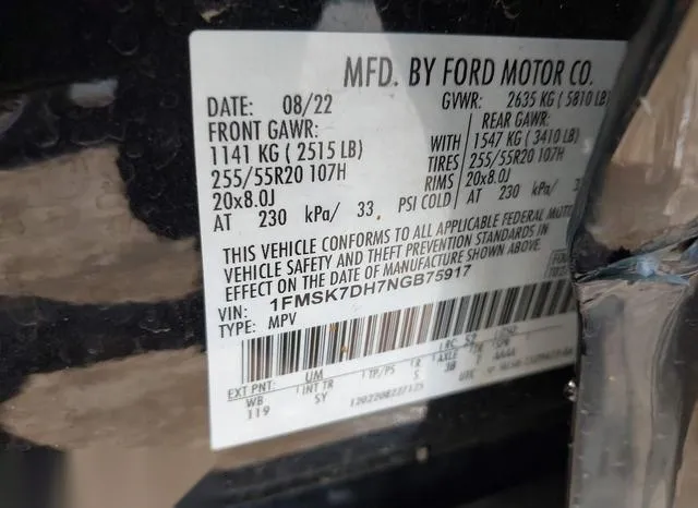 1FMSK7DH7NGB75917 2022 2022 Ford Explorer- Xlt 9