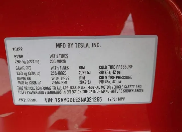 7SAYGDEE3NA021265 2022 2022 Tesla Model Y- Long Range Dual M 9