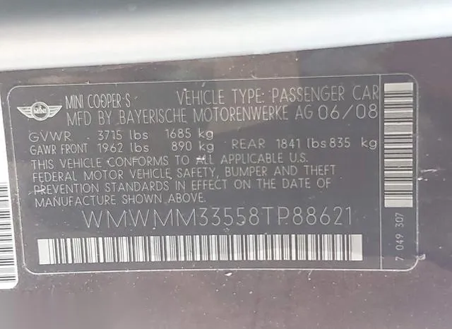 WMWMM33558TP88621 2008 2008 Mini Cooper S Clubman 9