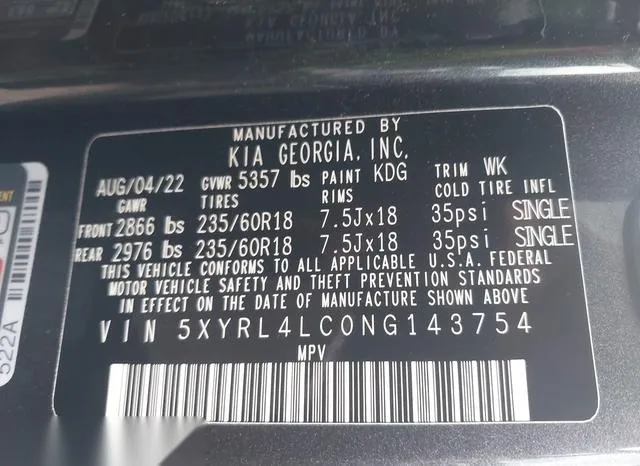 5XYRL4LC0NG143754 2022 2022 KIA Sorento- S 9