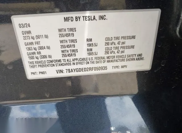 7SAYGDED2RF050935 2024 2024 Tesla Model Y- Long Range/Rwd 9