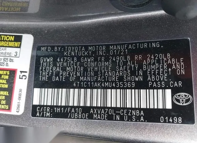 4T1C11AK4MU435369 2021 2021 Toyota Camry- LE 9