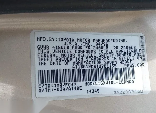 4T1BG12K6TU781155 1996 1996 Toyota Camry- Dx/Le/Xle 9