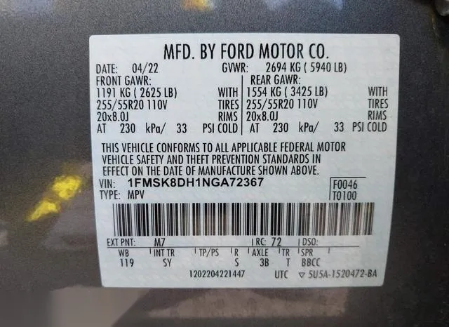 1FMSK8DH1NGA72367 2022 2022 Ford Explorer- Xlt 9