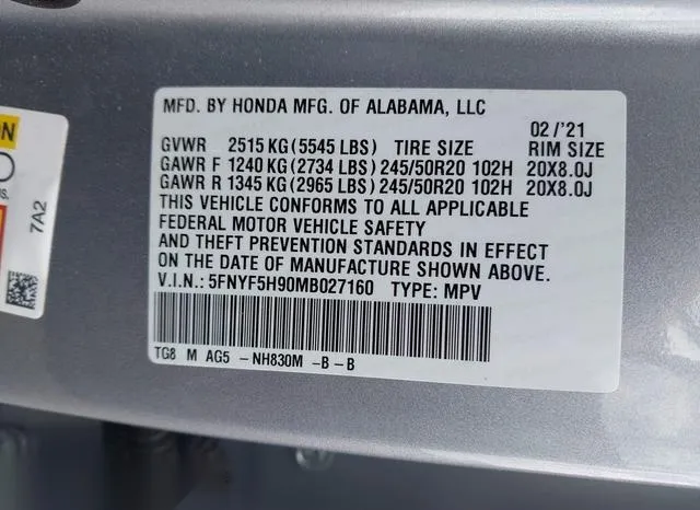 5FNYF5H90MB027160 2021 2021 Honda Pilot- 2Wd Touring 8 Passe 9