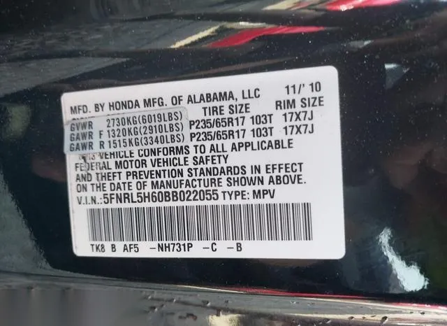 5FNRL5H60BB022055 2011 2011 Honda Odyssey- Ex-L 9